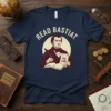 Read Bastiat The Law t-shirt design featuring a portrait of Frédéric Bastiat holding a scroll that says "The Law."