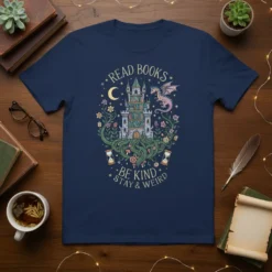 Read Books Be Kind Stay & Weird t-shirt design with a castle, dragon, moon, and hourglass graphics