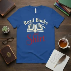 Read Books not Shirt quote with an open book and magnifying glass graphic on a blue t-shirt