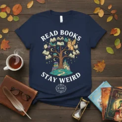 Read Books Stay Weird t-shirt design featuring a tree with books, an owl, a castle, and the phrase BE KIND
