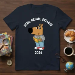Read, Dream, Explore 2024 t-shirt design with a cartoon dog reading a book and the year 2024
