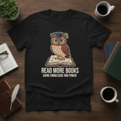 T-shirt design with text READ MORE BOOKS GAINS KNOWLEDGE AND POWER featuring a cartoon owl wearing a graduation cap and