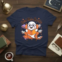 Cute ghost reading a book with "Read More Books" text above, surrounded by floating books