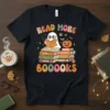 Read More BOOOOOKS t-shirt design with a cute ghost reading a book and stacked books, Halloween theme