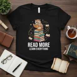 T-shirt design with the text "READ MORE LEARN EVERYTHING" and an owl reading on a stack of books