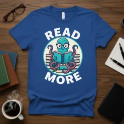 Read More text with a cute octopus reading a book, surrounded by stacks of books, on a blue t-shirt design