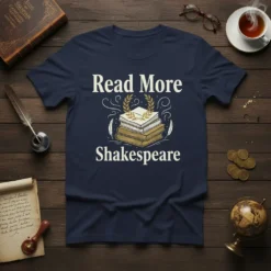Read More Shakespeare quote on a navy t-shirt with a stack of books graphic and laurel wreath