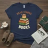 Read S'more Books quote with a cute s'more character on a stack of books, dark blue t-shirt design
