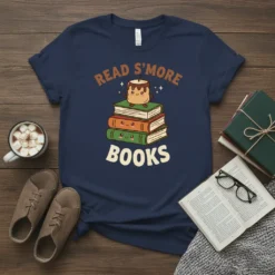 Read S'more Books quote with a cute s'more character on a stack of books, dark blue t-shirt design