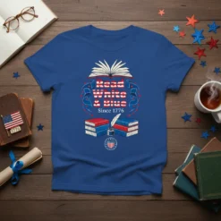Read White & Blue Since 1776 text design with open book, stacks of books, and quill on a patriotic-themed t-shirt