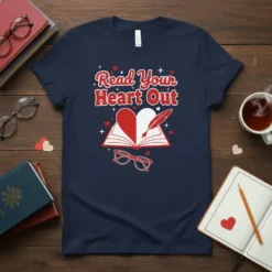 Read Your Heart Out quote t-shirt with an open book, heart, and feather quill graphic