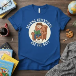 Reading Adventures Are The Best quote on a blue t-shirt with a boy reading in a chair and a dog