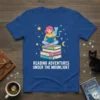 Reading Adventures Under The Moonlight t-shirt design featuring a girl reading on books with a cat and stars