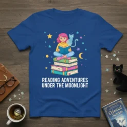 Reading Adventures Under The Moonlight t-shirt design featuring a girl reading on books with a cat and stars