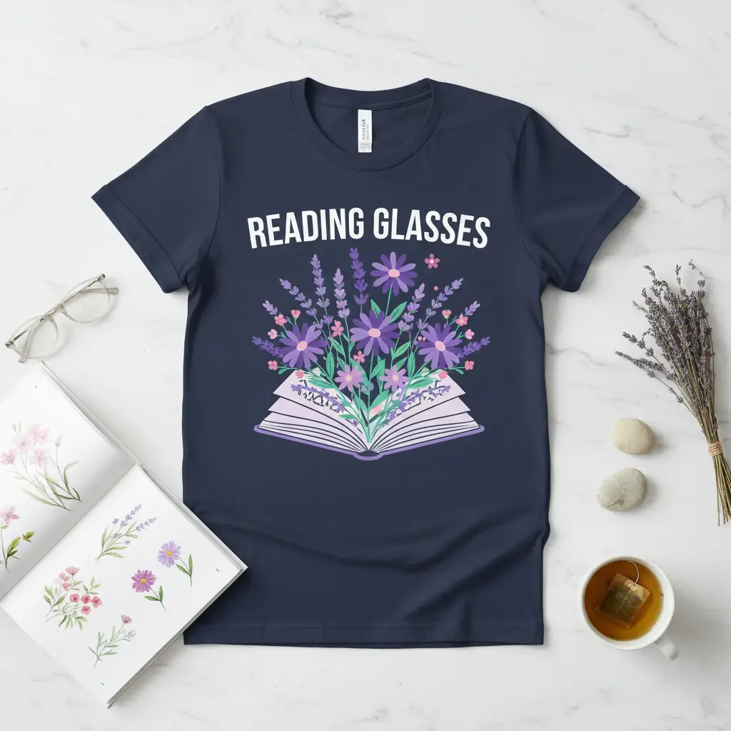 Reading Glasses text over an open book with lavender and daisy floral graphic on a navy t-shirt