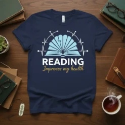Reading Improves my health t-shirt with an open book graphic and heartbeat line