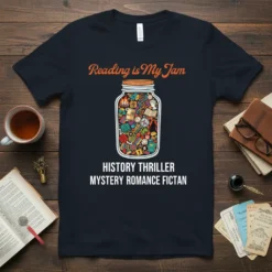 T-shirt design with "Reading is My Jam" text and a jar filled with icons representing History Thriller, Mystery, and Romance