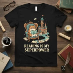 Reading Is My Superpower text with a cartoon cat reading a book in an armchair, a castle in the background