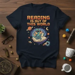 T-shirt with "Reading Is Out Of This World" text and an alien reading a book in space, featuring planets and