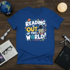T-shirt with "Reading Is Out Of This World!" text, astronaut reading a book among planets and stars graphic