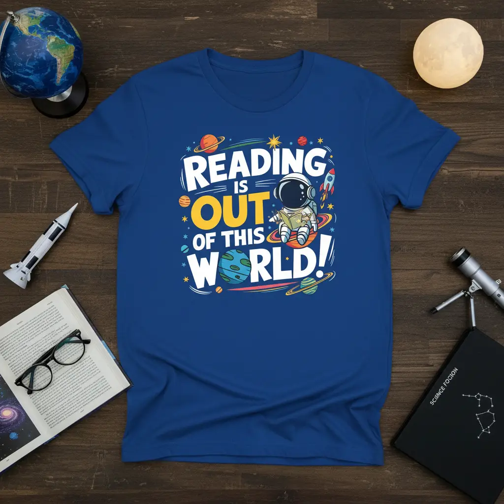 READING IS OUT OF THIS WORLD! unique artwork printed on durable material creating a standout t-shirt