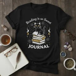 Black t-shirt design featuring the text "Reading is so Sweet JOURNAL" with a black cat sitting on books and celestial