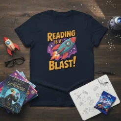 Reading Is A Blast slogan with a rocket ship graphic on a navy t-shirt, perfect for book lovers