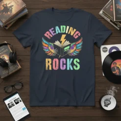 Reading Rocks t-shirt with colorful wings, open book, and lightning bolt graphic