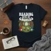Reading With My Gnomies t-shirt design featuring gnomes reading books in a library setting with trees and books