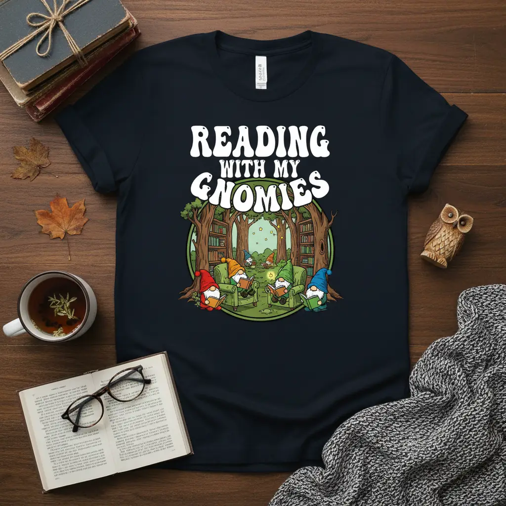 Reading With My Gnomies quote on a t-shirt with gnomes reading in a whimsical forest library setting