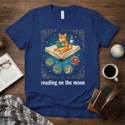 Reading on the moon t-shirt design featuring a cat wearing glasses reading a book on a large open book with