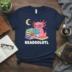READSOLOTL t-shirt design featuring a cute pink axolotl wearing glasses reading a stack of books under a crescent moon