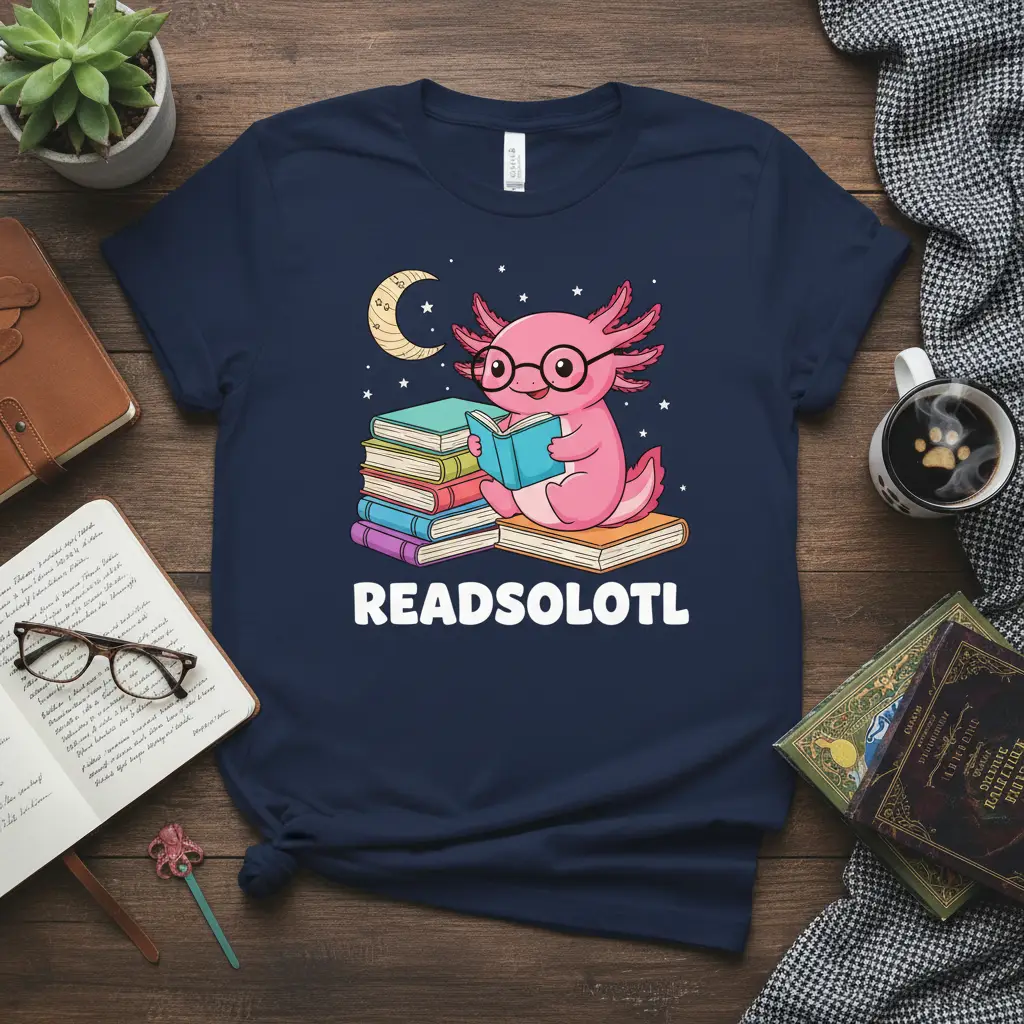 Cute pink axolotl with glasses reading books under a moon, text READSOLOTL on t-shirt graphic
