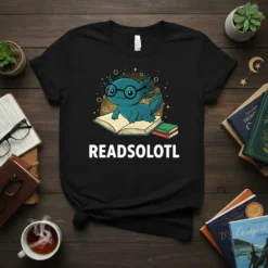 READSOLOTL text with a cute axolotl wearing glasses sitting on an open book, graphic t-shirt design
