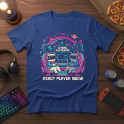 Ready Player Meow Gaming Adventure t-shirt design featuring two cats in VR headsets playing video games