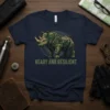Ready and Resilient text with a camouflage rhino graphic on a navy blue t-shirt