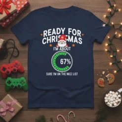 Christmas t-shirt with "Ready For Christmas I'm About 67% Sure I'm On The Nice List" text and a gnome graphic