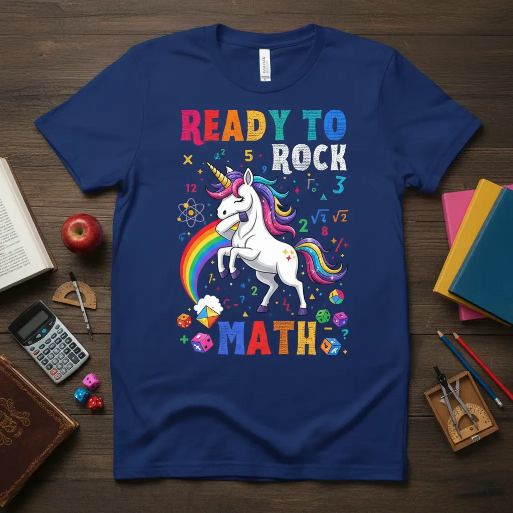Ready to Rock Math design with unicorn, rainbow, and math symbols on a blue tee