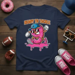 Ready To Tackle funny donut character in football stance wearing sunglasses and a cap on a navy t-shirt
