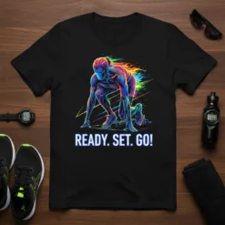 Ready. Set. Go! text with a dynamic runner in starting blocks on a black t-shirt design
