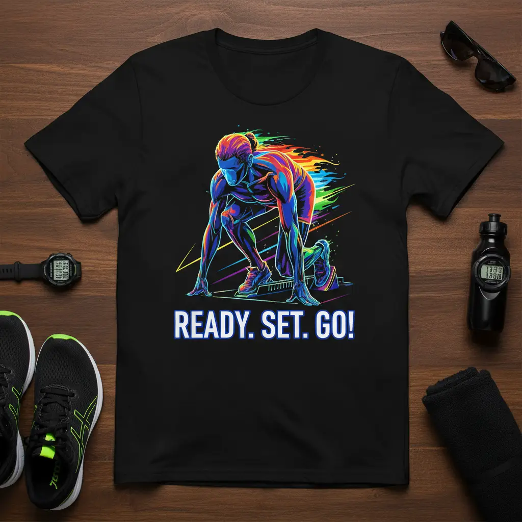Ready. Set. Go! quote with dynamic runner graphic on a black athletic t-shirt