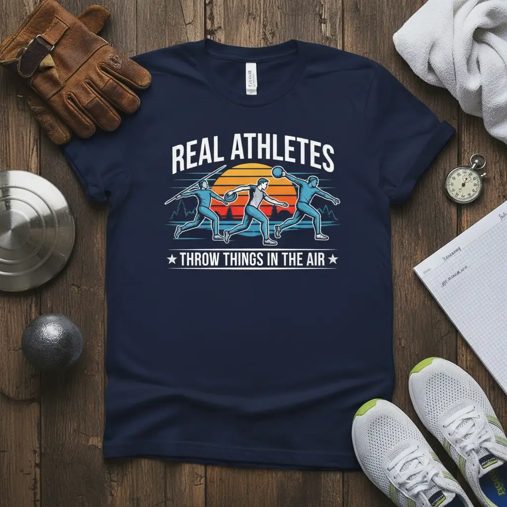 Real Athletes Throw Things In The Air design with athletes in javelin, shot put, and discus events under a sunset graphic