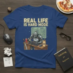 Real Life Is Hard Mode T-Shirt with a knight at a computer and a quest log, designed for gamers and
