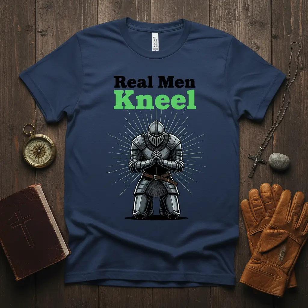 Real Men Kneel T-Shirt design with a knight praying, symbolizing Christian faith and strength
