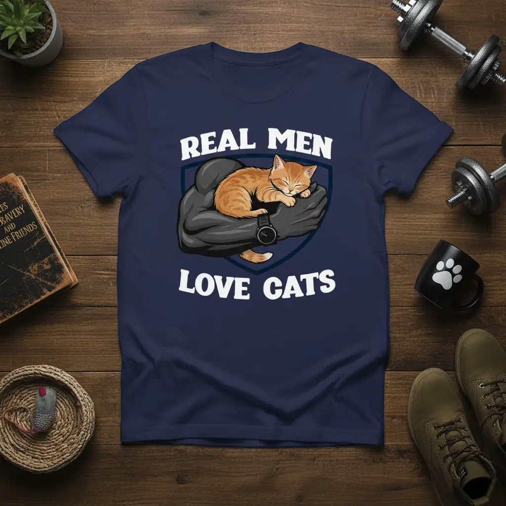Real Men Love Cats humorous t-shirt design with muscular arm embracing a kitten