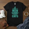 Real Men Love Persian Cats text design with paw prints and a cat silhouette graphic on a black t-shirt