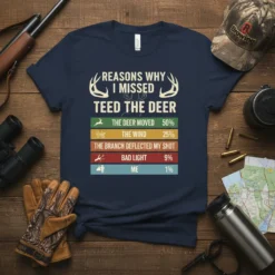 Navy blue t-shirt featuring "Reasons Why I Missed Teed the Deer" quote with humor percentages and hunting graphics