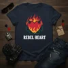 Rebel Heart T-Shirt with a flaming heart graphic and thorny vines, white text design