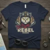 Rebel Roads t-shirt design featuring a white cat wearing a biker helmet and goggles, with Rebel Roads text below
