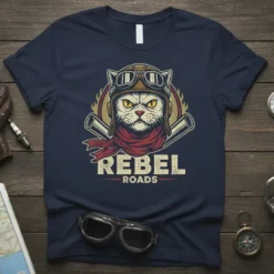 Rebel Roads t-shirt design featuring a white cat wearing a biker helmet and goggles, with Rebel Roads text below